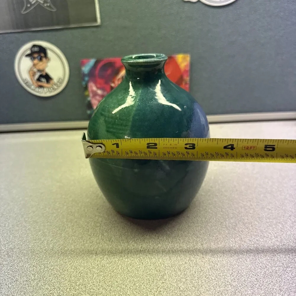 MCM Style Drip Glaze Bud Vase Ceramic Art Pottery Turquoise Blue Green 5 IN 1994